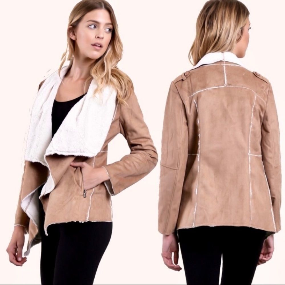 NWT My Beloved Faux Suede Jacket Fur Lined Shawl Collar Open Front Tan Trim Soft